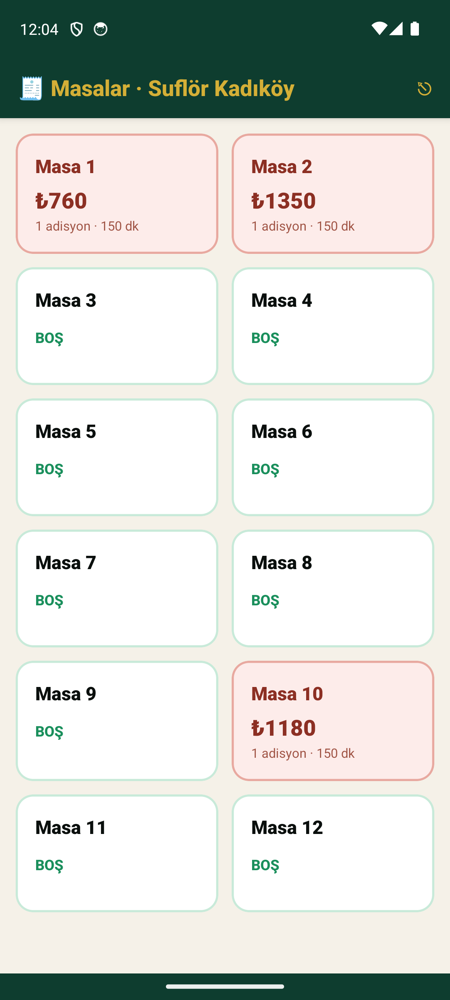 KAMBA garson uygulaması — masa listesi